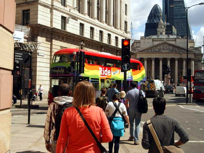 Rainbow-coloured bus