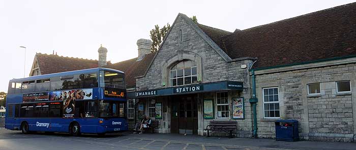 Route 40 double-decker &mdash; in Damory livery &mdash; at Swanage Bus Station